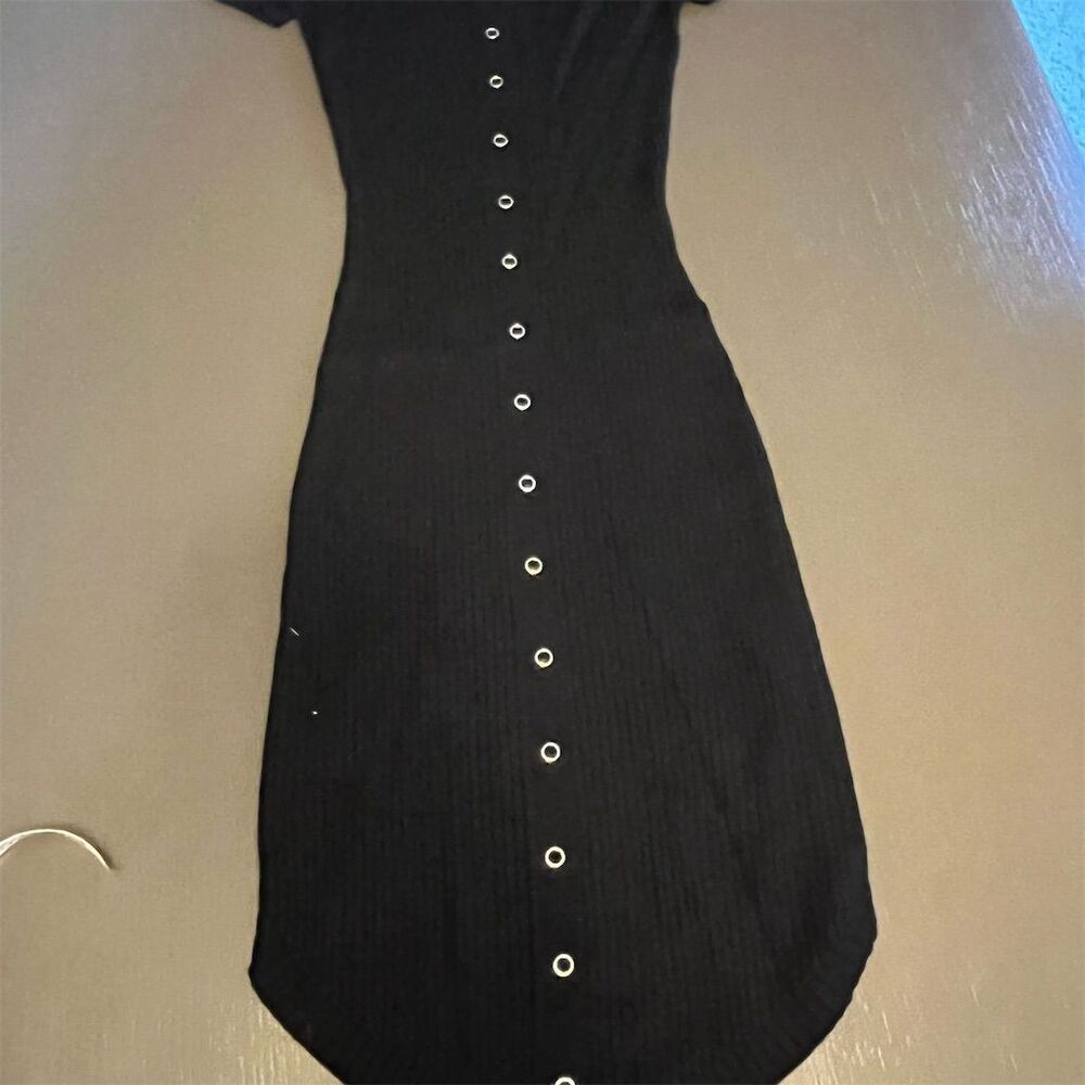 Say What? Women's Black Ribbed‎ Bodycon Button-Down Long Dress Size S
